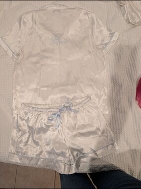 Satin 'Bride' Short Pajama Set in White with Light Blue Trim